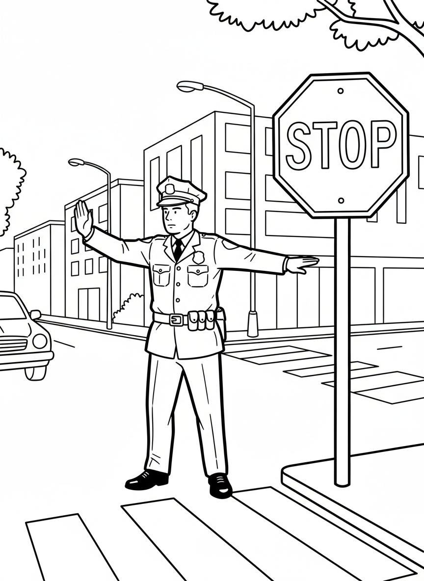 A police officer directing traffic at an intersection, wearing a uniform and hat, with a stop sign and crosswalk visible.
