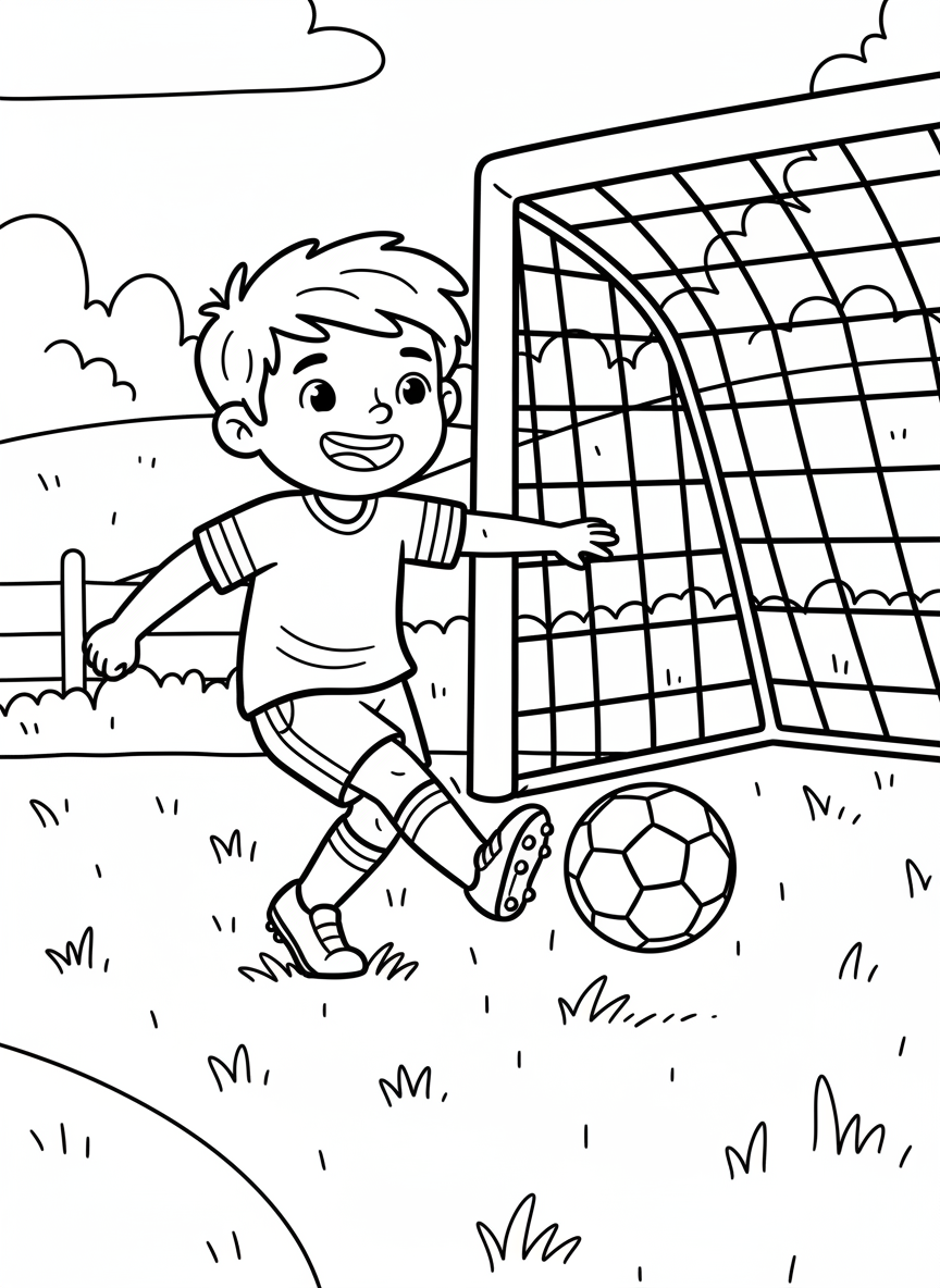 A cheerful child kicking a soccer ball on a grassy field, with a goal net in the background, simple line art perfect for coloring.