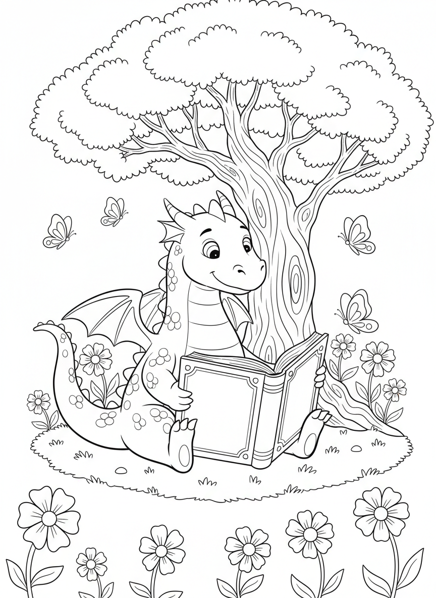 A friendly dragon reading a large book under a tree, with flowers and butterflies around, simple line art for coloring
