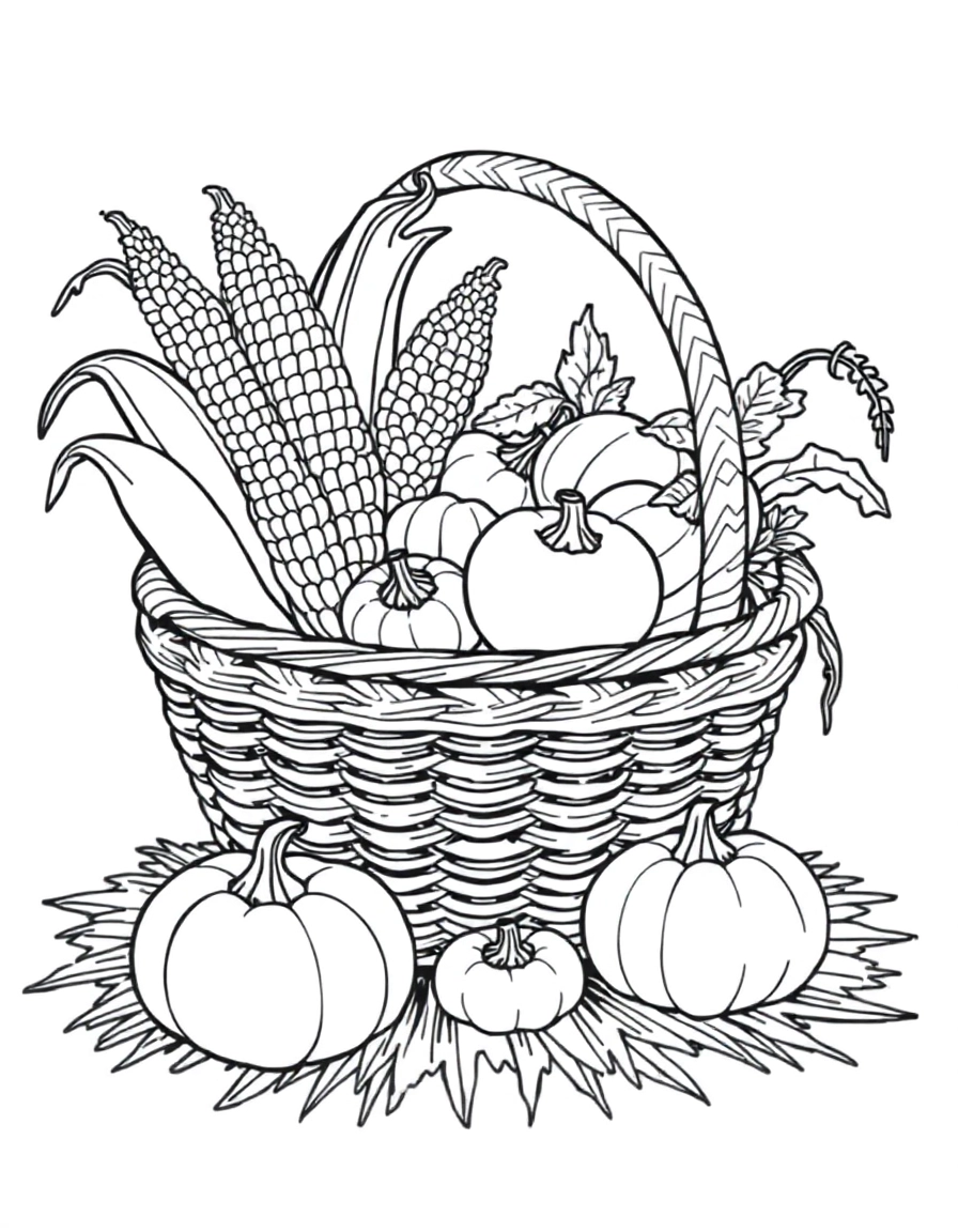 kwanzaa: Harvest Basket: A woven basket (Mazao) overflowing with ears of corn, pumpkins, and fruits, resting on a straw mat.