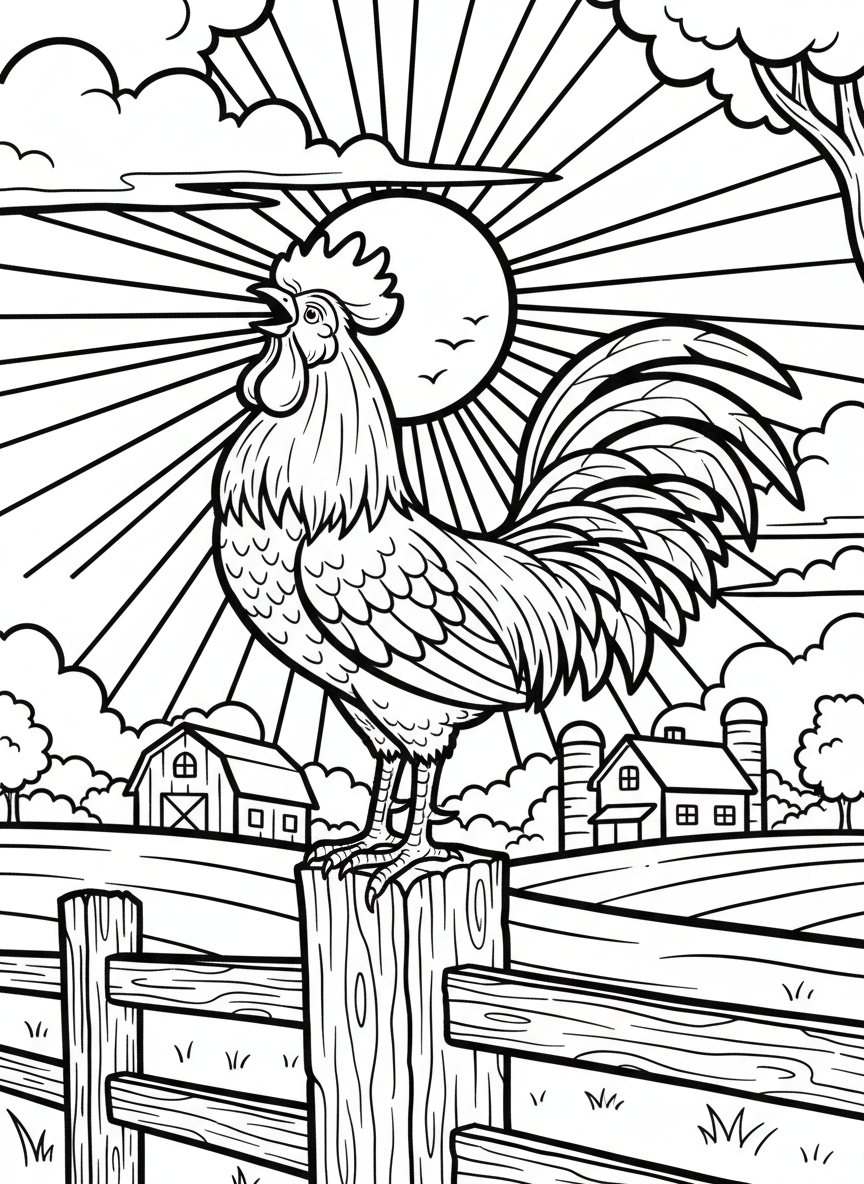 A rooster standing proudly on a fence post at sunrise, crowing to wake up the farm.