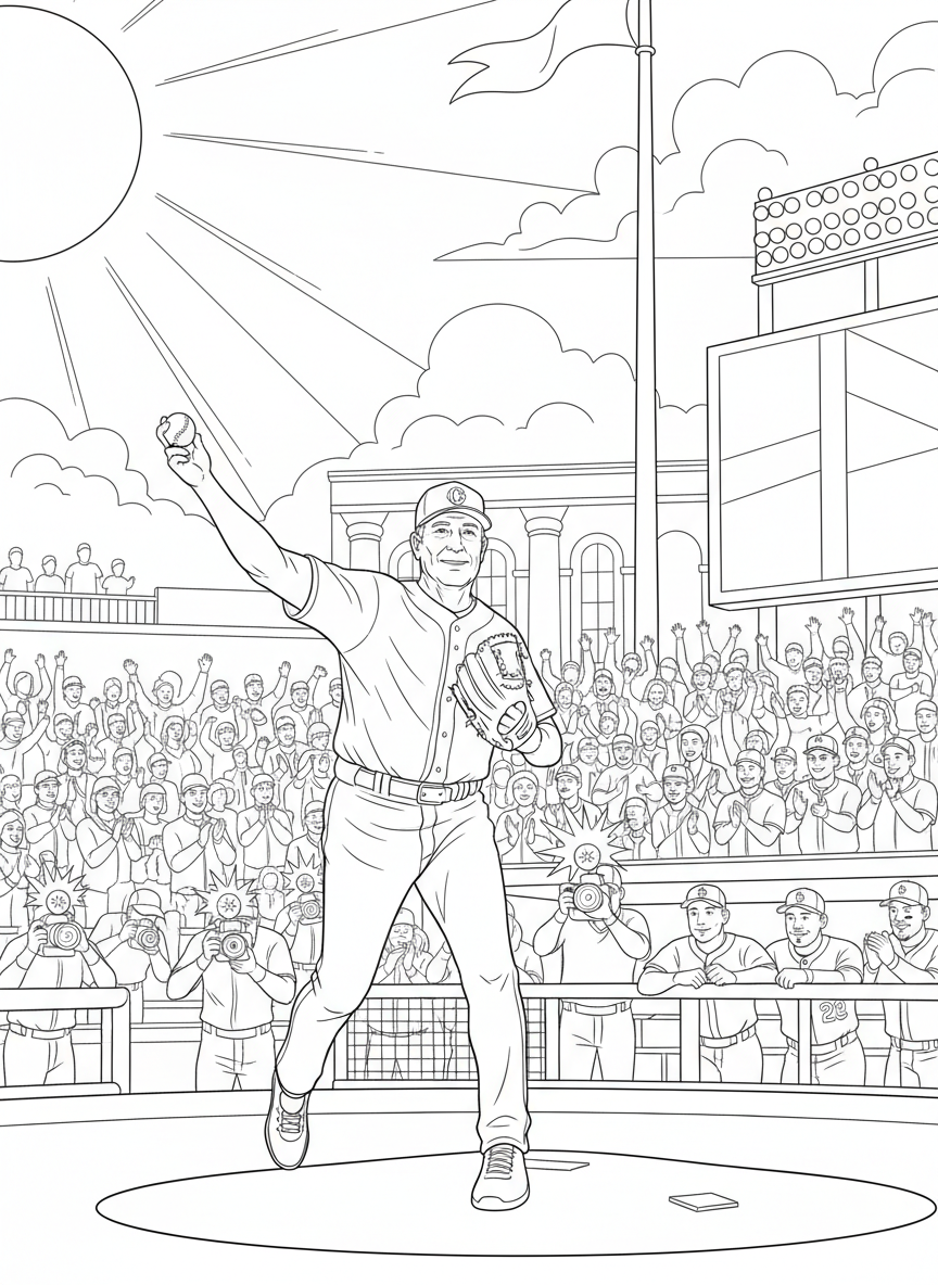MLB All Star Game coloring page prompts highlighting summer baseball, star players, iconic ballparks, and celebratory league traditions.	A ceremonial first pitch moment with cameras flashing, teammates watching from the dugout, and the crowd applauding under bright afternoon light.
