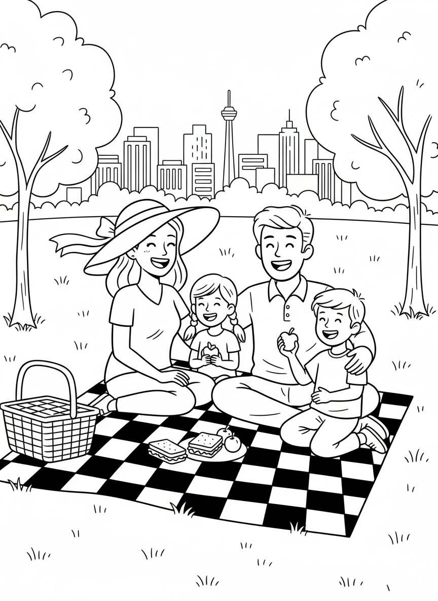 A happy family having a picnic in Freedom Park with trees, a blanket, picnic basket, and the city skyline visible in the distance.