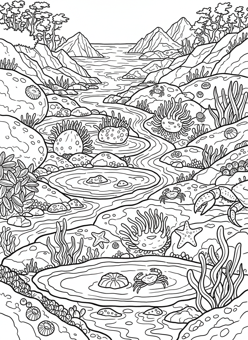 Detailed tide pool cross-section showing anemones attached to rocks at different heights with small crabs nearby