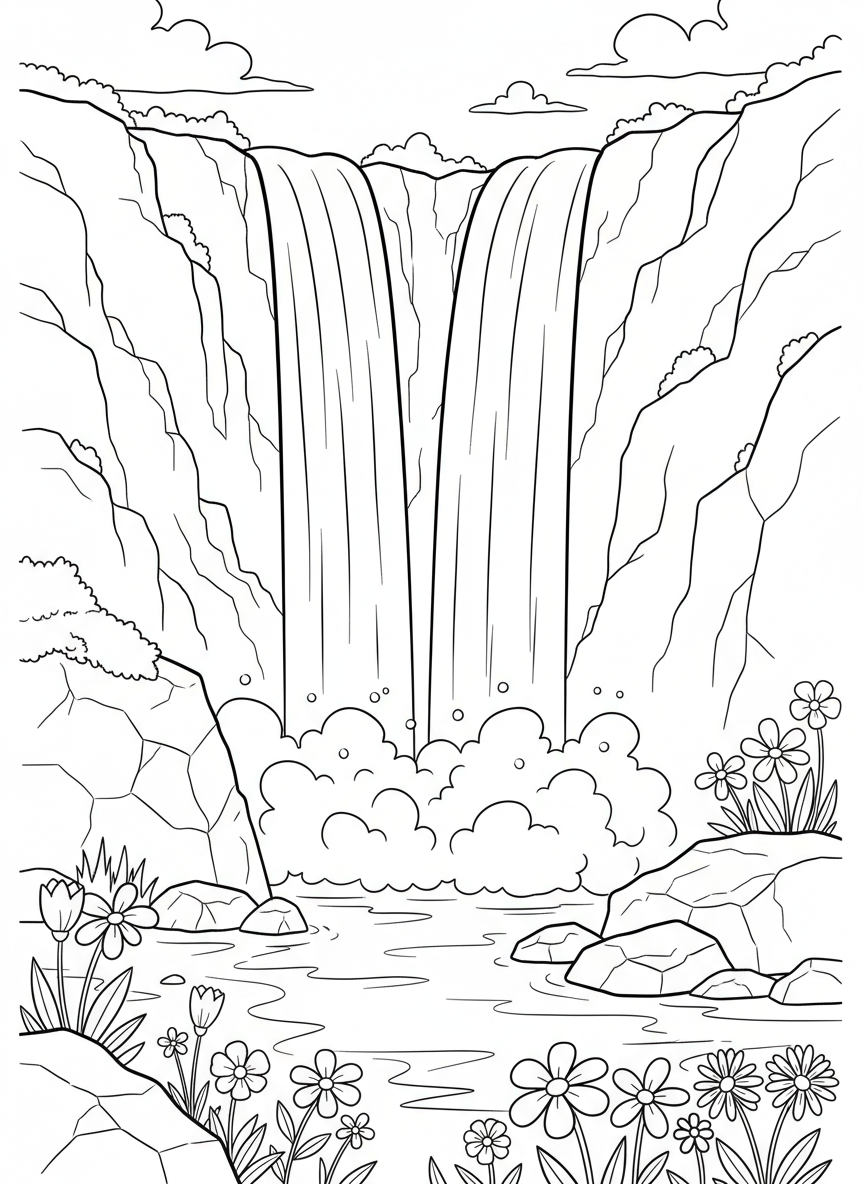 A double waterfall scene with two streams flowing side by side down a cliff, creating mist at the bottom with rocks and wildflowers.