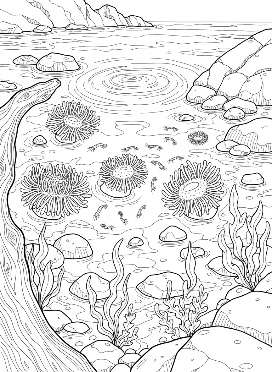 Wide tide pool scene showing multiple tiny shrimp swimming among anemones, rocks, and seaweed with clear water ripples above.