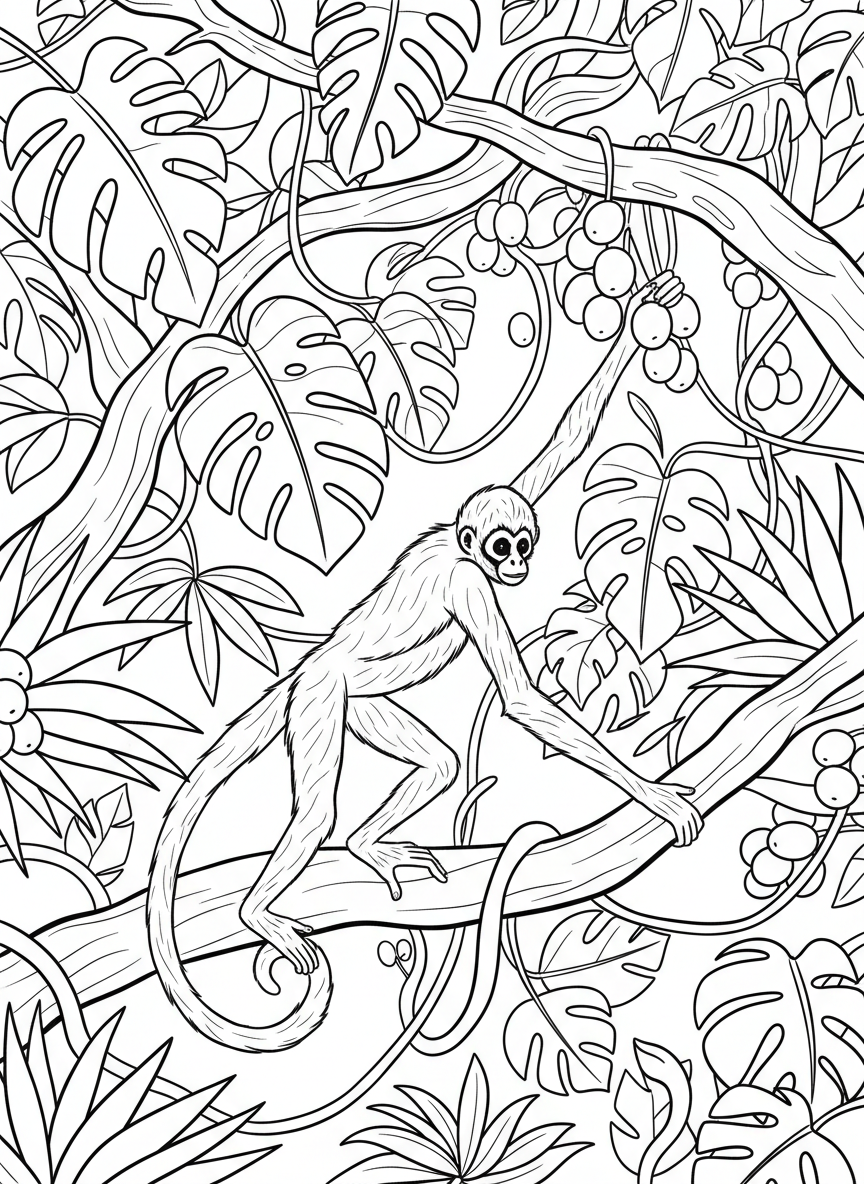 A spider monkey reaching for fruit in the treetops, with extremely long limbs and tail, surrounded by tropical leaves.