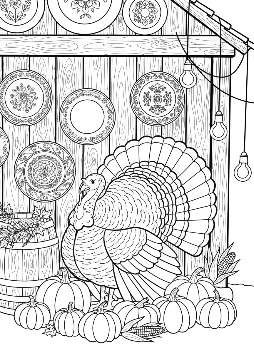 A turkey displaying its feathers in front of decorative pottery plates mounted on barn wood walls, festive scene