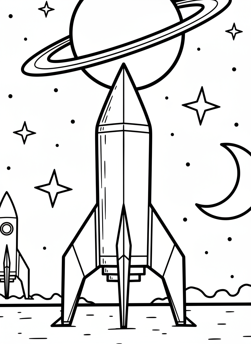 A detailed origami rocket ship with pointed nose cone and fin details, standing upright with stars and planets in the background.