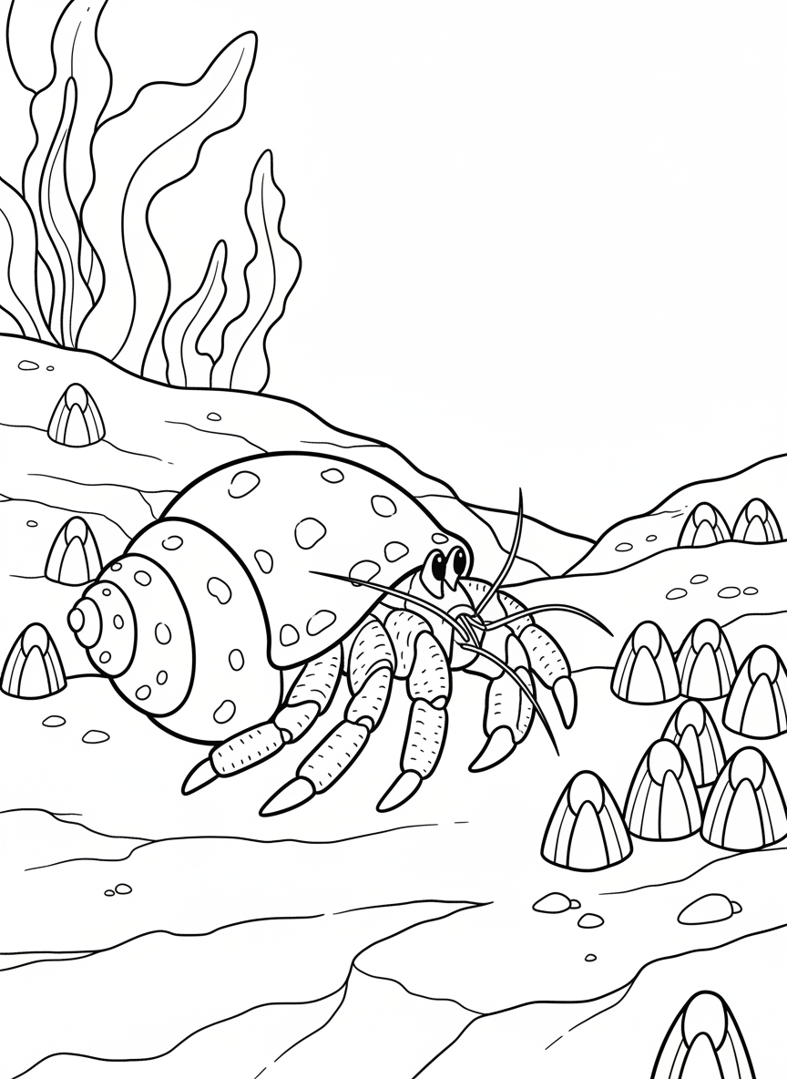 A hermit crab walking past a group of acorn barnacles on a flat rock surface, simple composition for beginning colorists