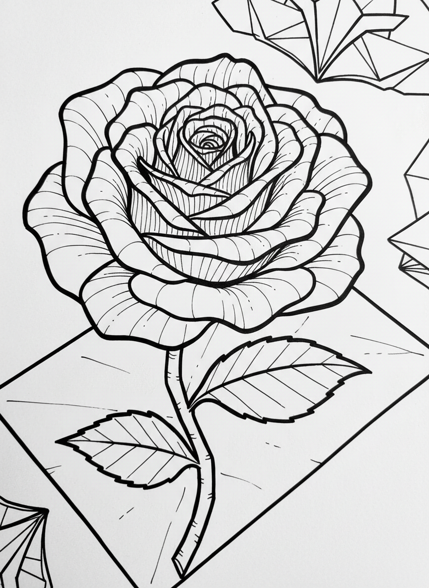 An origami rose with layered spiral petals in full bloom, sitting on a flat surface with its stem visible, detailed line art for coloring.
