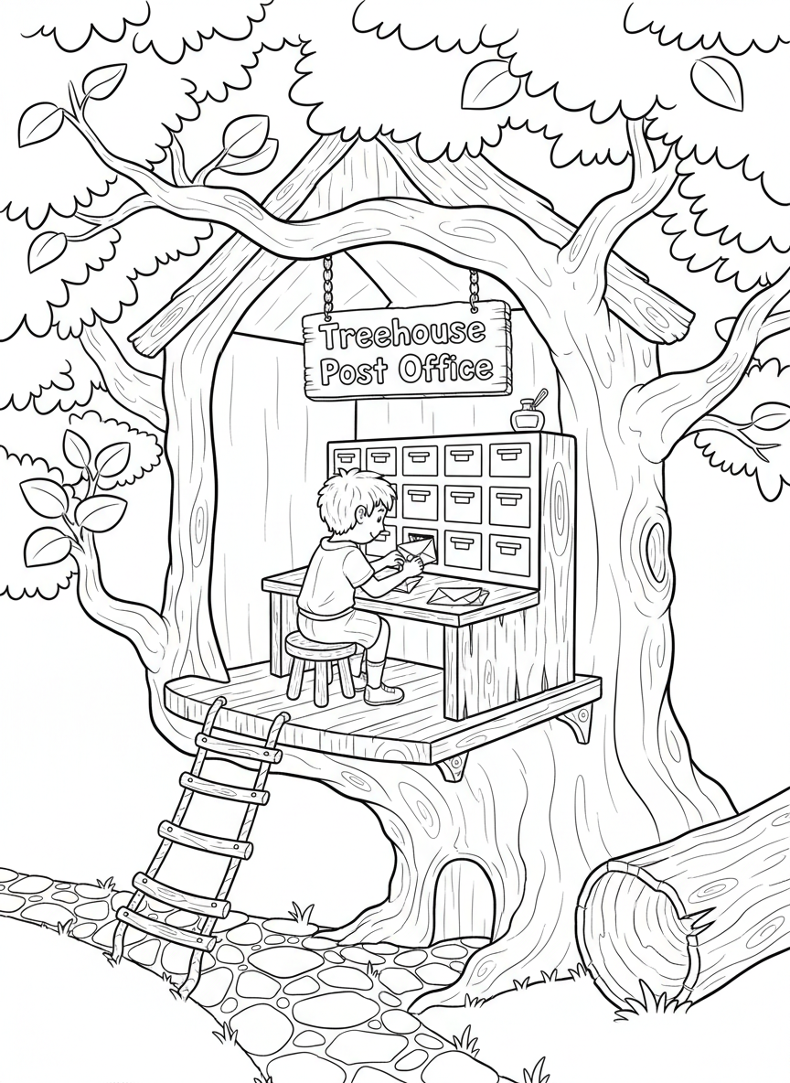 A treehouse postal station scene with a child sorting letters into cubbyholes, a small desk, and a 'Treehouse Post Office' sign hanging outside.