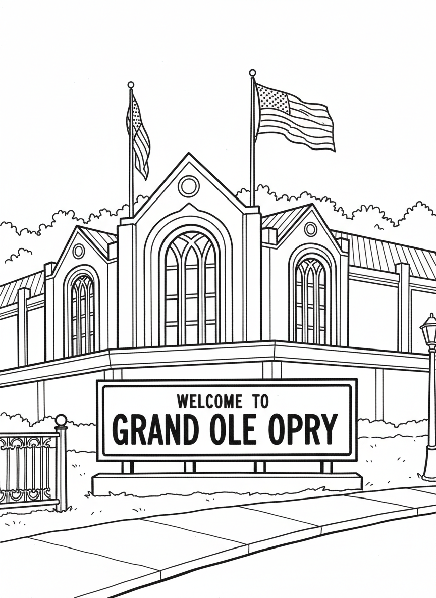 The Grand Ole Opry building with its distinctive architecture, flags waving, and a welcome sign in front.