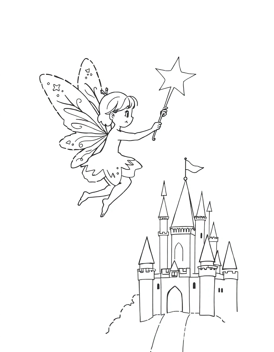 A magical fairy with sparkling wings, holding a star-tipped wand, flying above a castle at night.
