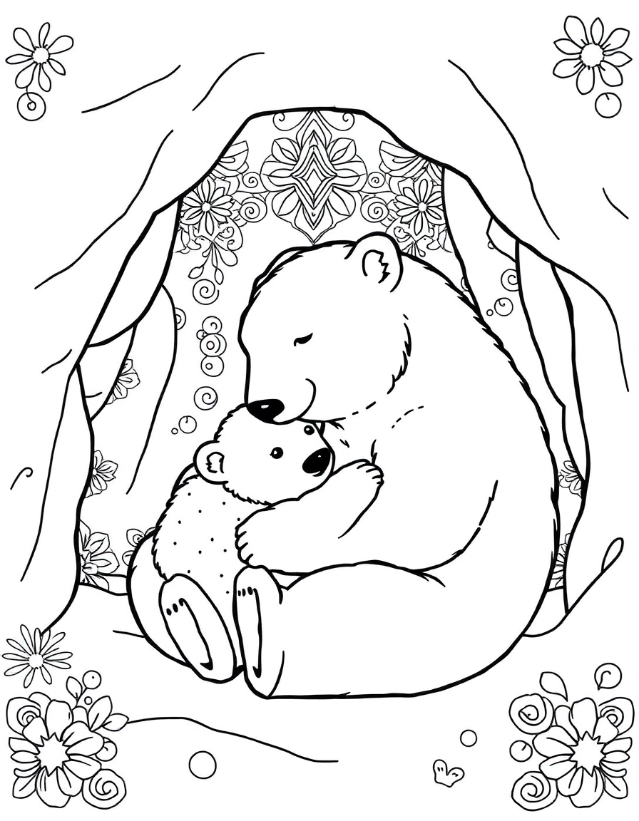 Polar Bear Hug: A mama polar bear cuddling a tiny cub in a snowy den, looking warm and cozy.