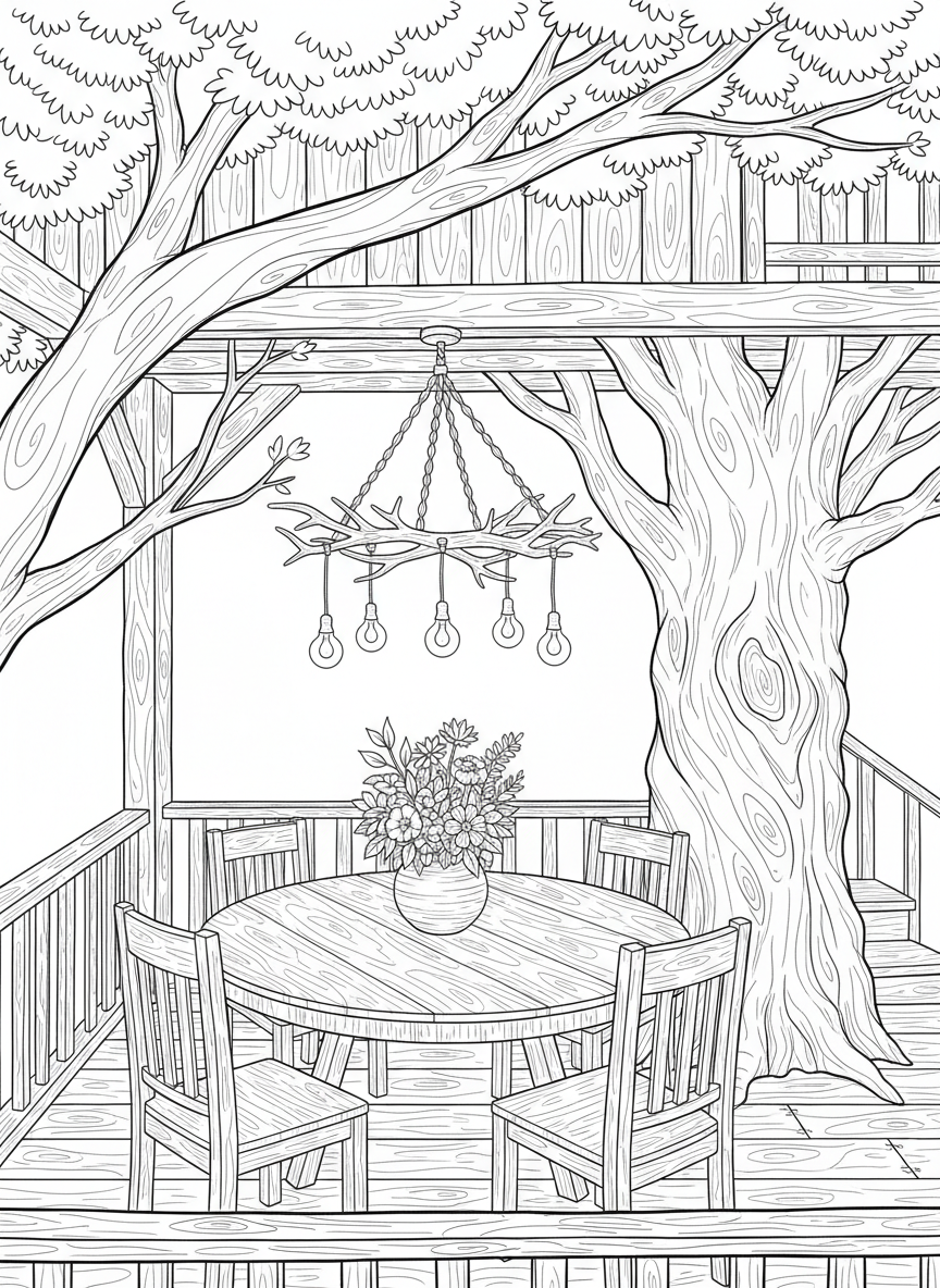 Treehouse dining area with a round table, four chairs, a vase with flowers, and a chandelier made of branches.