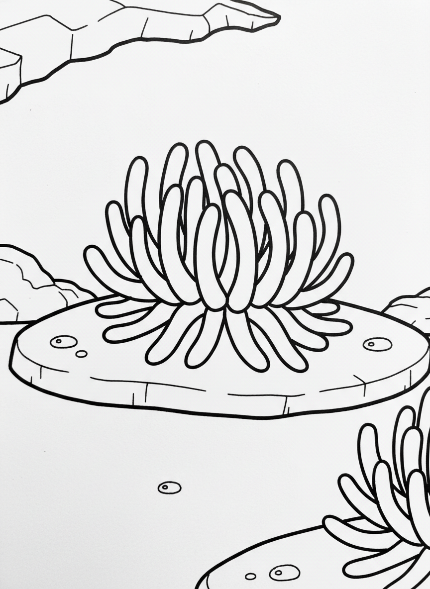 Simple sea anemone with thick tentacles perfect for toddlers, sitting alone on a flat rock with a few water drops