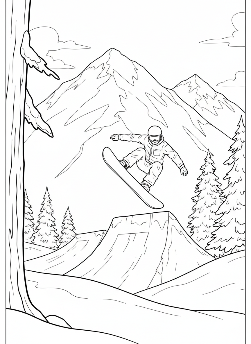 Winter Olympics coloring page prompts capturing snowy venues, cold-weather sports, and dramatic winter competition.	A snowboarder soaring off a jump, board angled sharply as mountains rise behind the course.