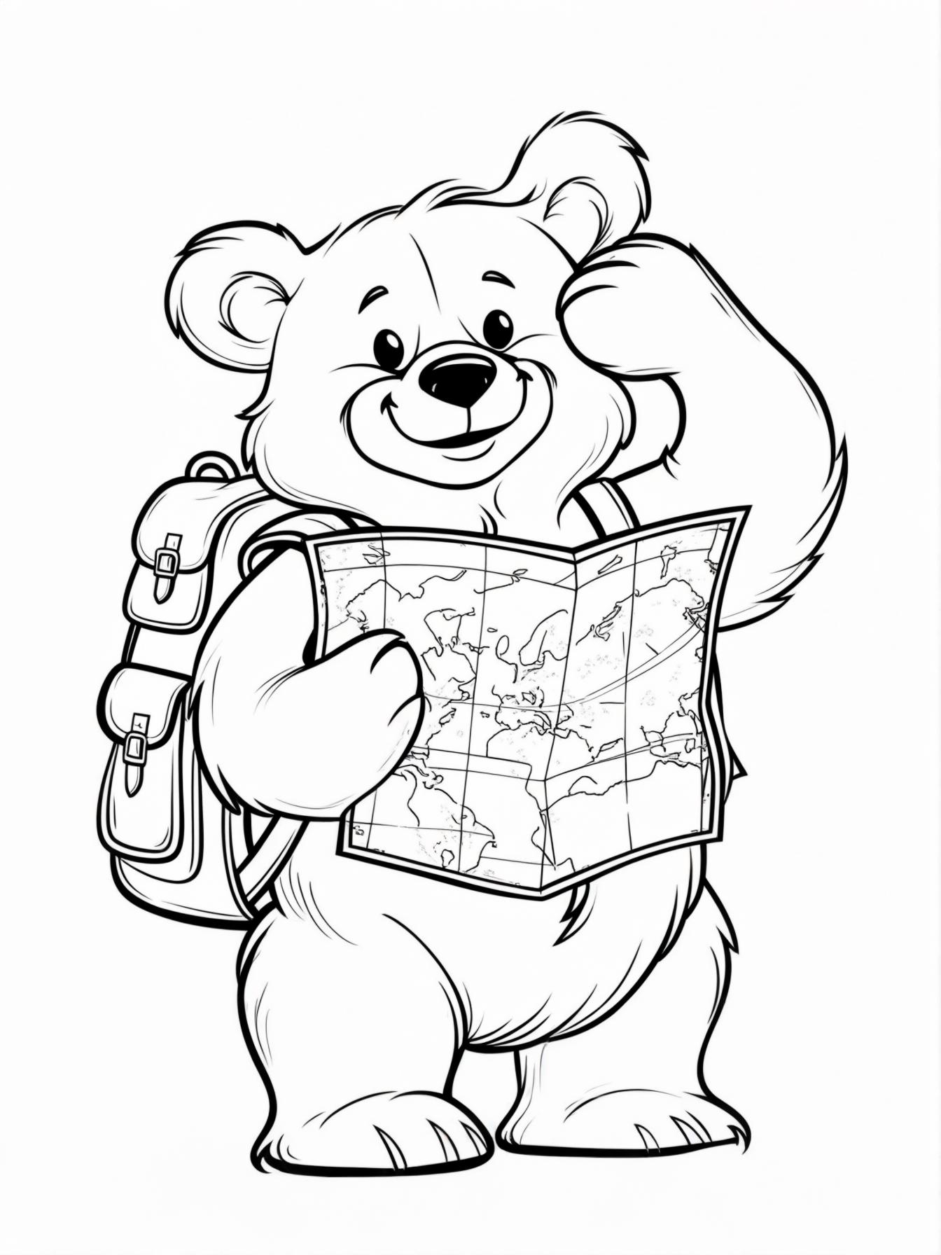 The Hiking Bear: A cute bear wearing a backpack and holding a map that is upside down, looking scratching its head with a smile.