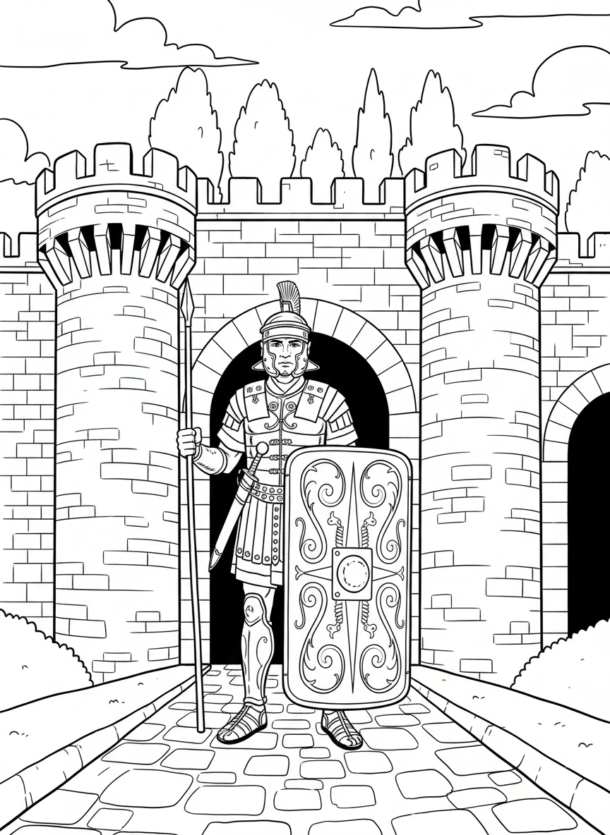 A Roman soldier in armor standing guard at a stone fortress gate, holding a spear and shield with decorative patterns.