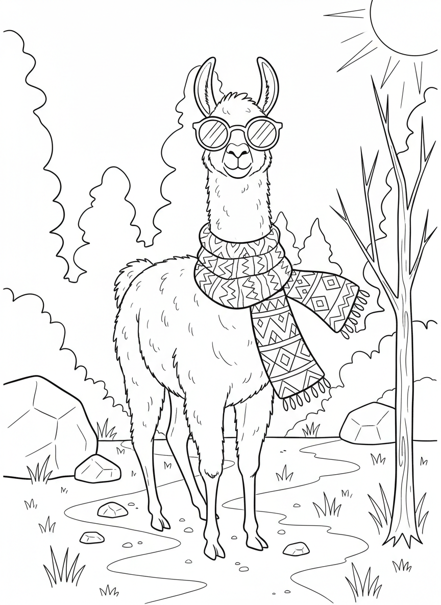 A llama wearing sunglasses and a scarf, looking cool and fashionable in a simple outdoor scene.