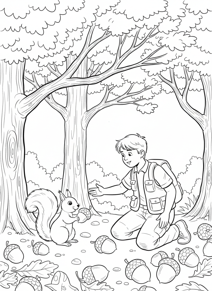 A young explorer kneeling down to observe a friendly squirrel, with acorns scattered on the ground and oak trees nearby.