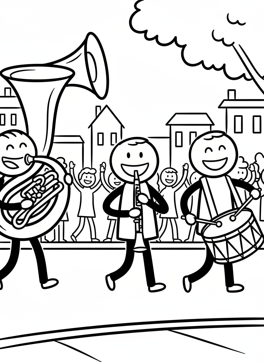 A marching band parade scene with a tuba, clarinet, and marching drum being carried by happy stick-figure musicians.