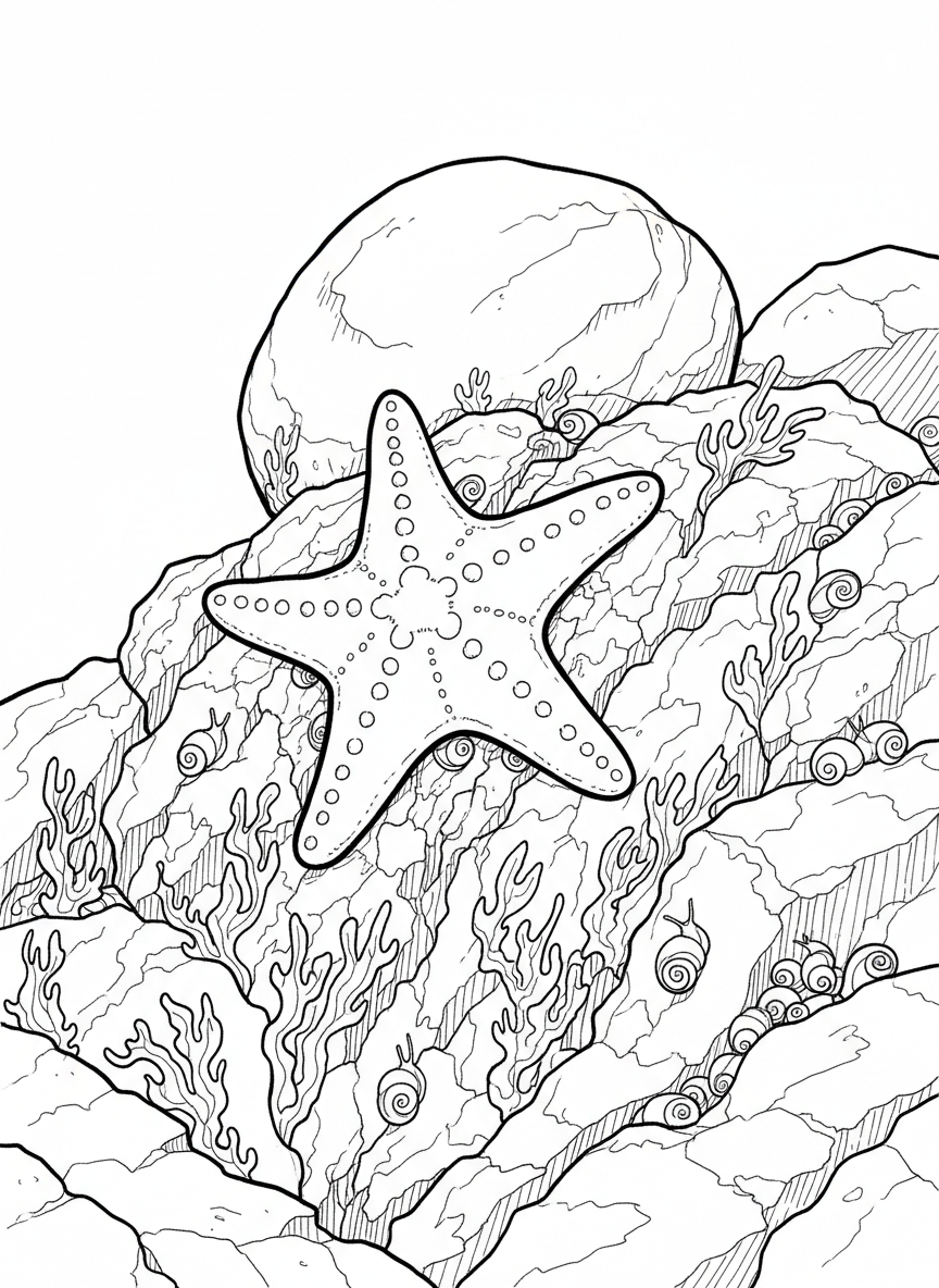 A sea star slowly climbing up a rocky surface covered in algae and tiny periwinkle snails