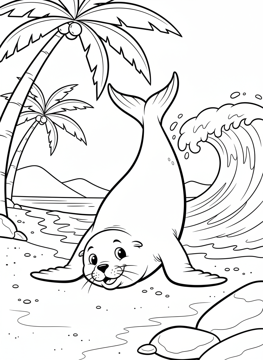 A sea lion doing a handstand on its front flippers on the beach, tail up in the air, playful expression.