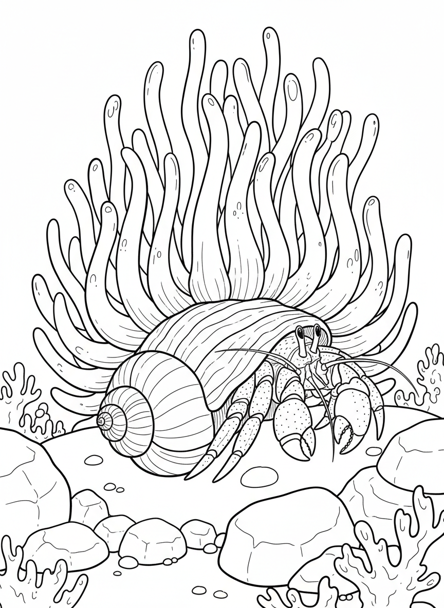 Giant sea anemone serving as home for hermit crab, showing the creature peeking out from shell below