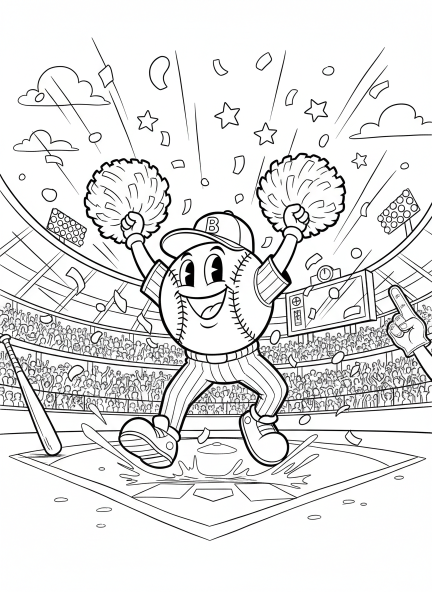 A baseball mascot character dancing and celebrating with pom-poms and confetti falling around, fun and energetic composition.