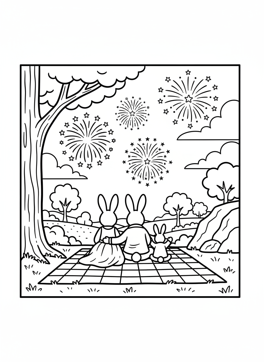 A simple scene of a family of bunnies watching fireworks from a hillside, sitting on a blanket together