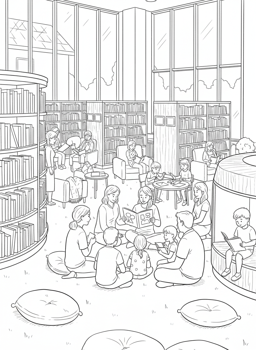 A community library scene with bookshelves, reading corners, story time activities, and families gathering to learn.