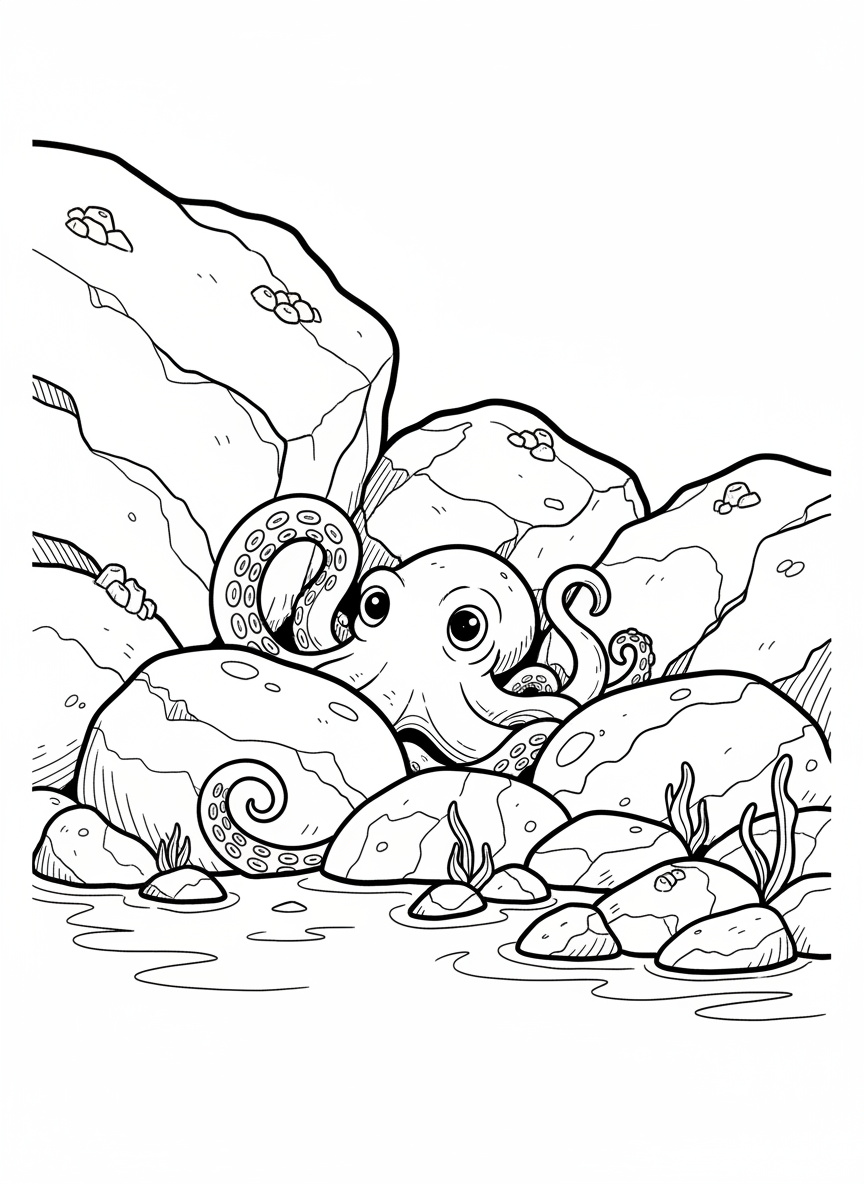 A small octopus hiding among tide pool rocks, with its tentacles curled around stones and curious eyes visible.