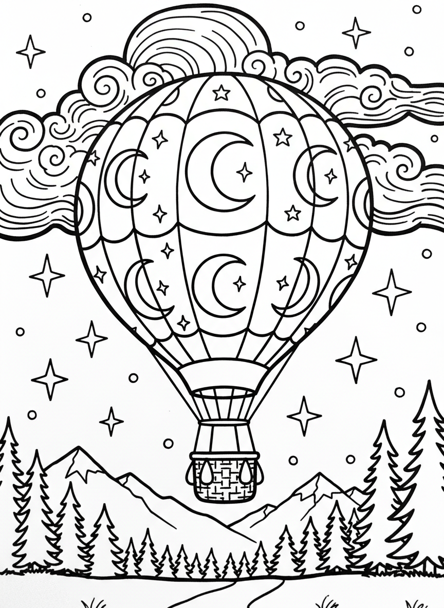 A nighttime scene with a hot air balloon decorated with crescent moons floating among twinkling stars.