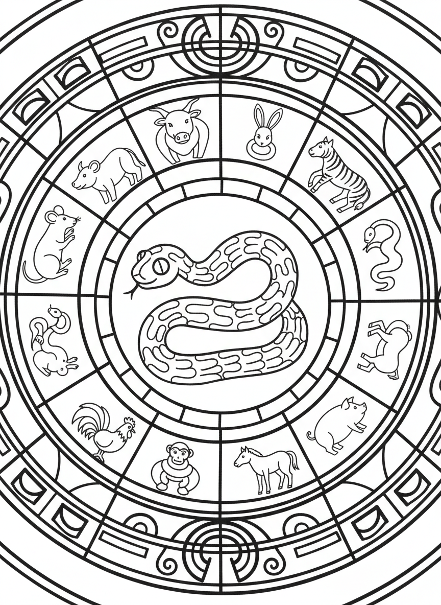 A zodiac wheel showing all twelve animals with the snake highlighted in the center, educational circular design