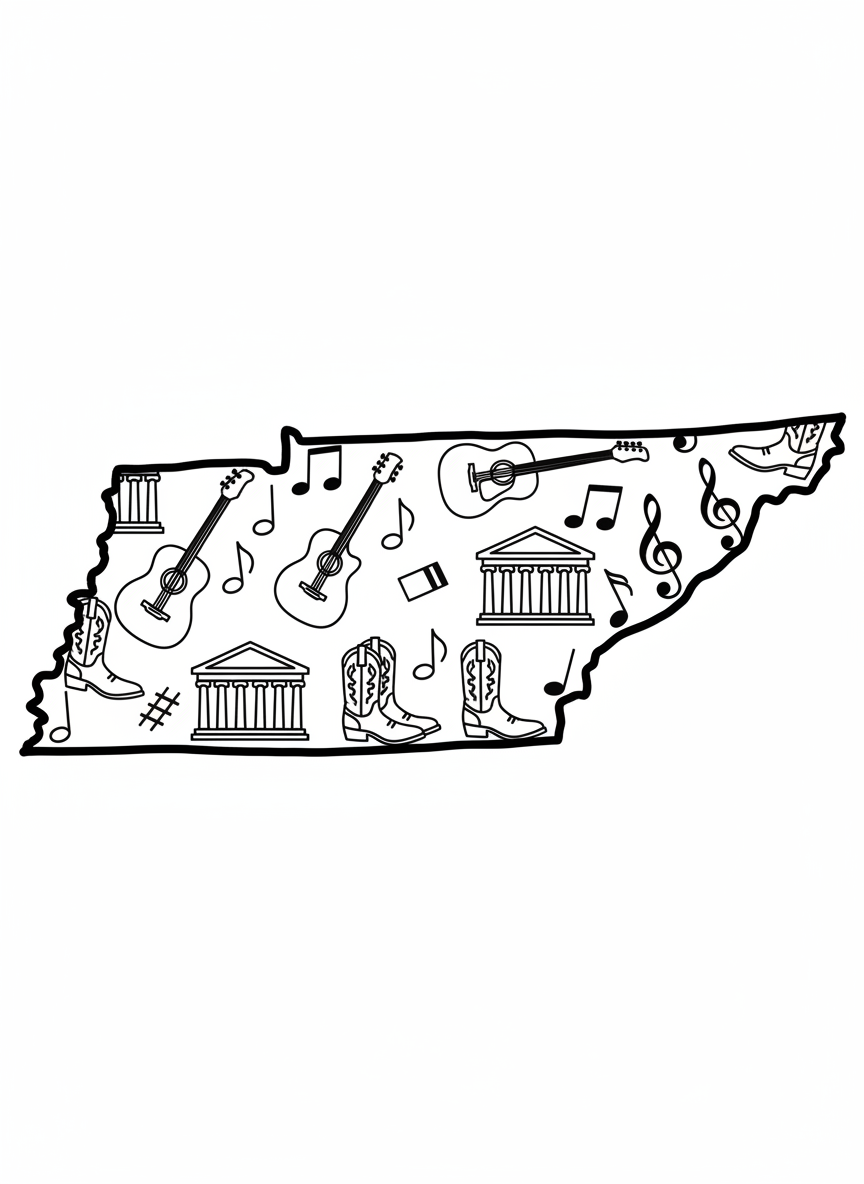 A Tennessee state outline filled with small Nashville icons: guitars, music notes, the Parthenon, and cowboy boots.