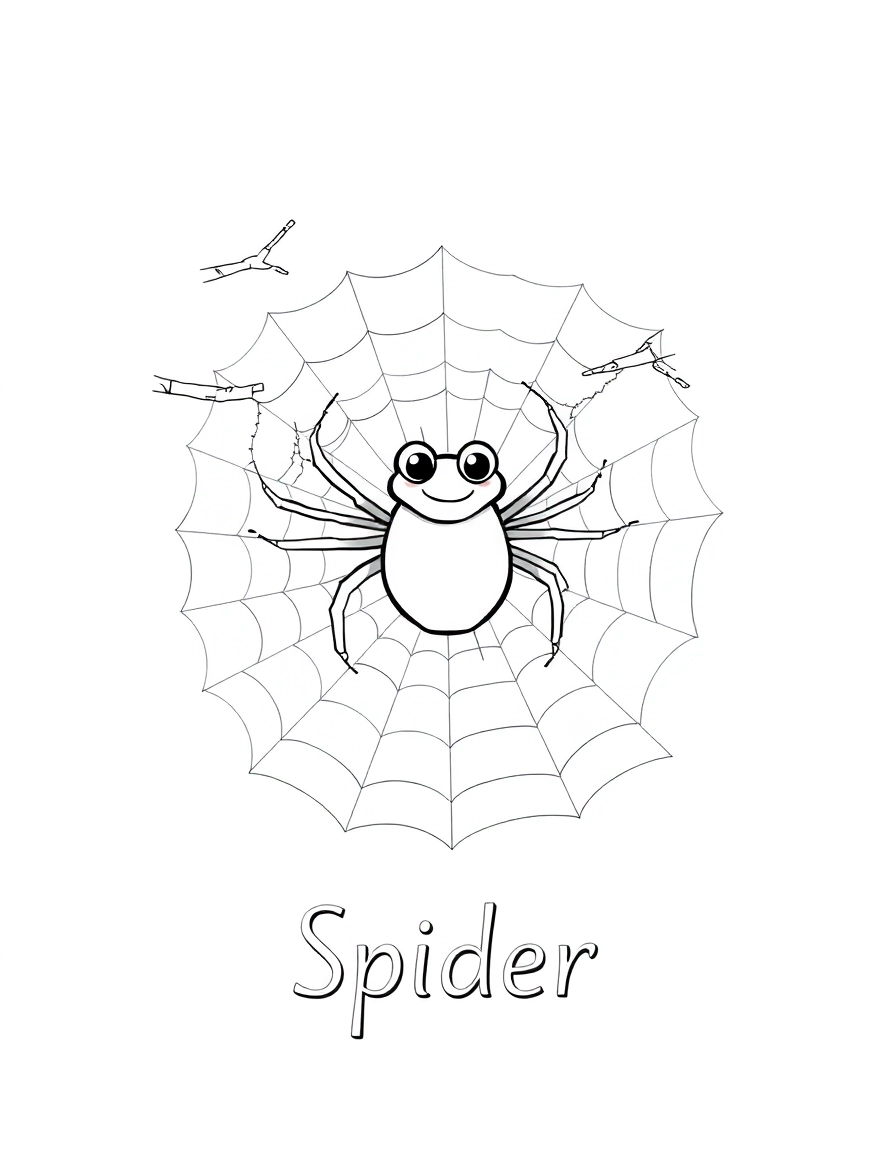 A fascinating happy spider carefully spinning a large, symmetrical web between two branches. The word "Spider" is written, nothing more is written.