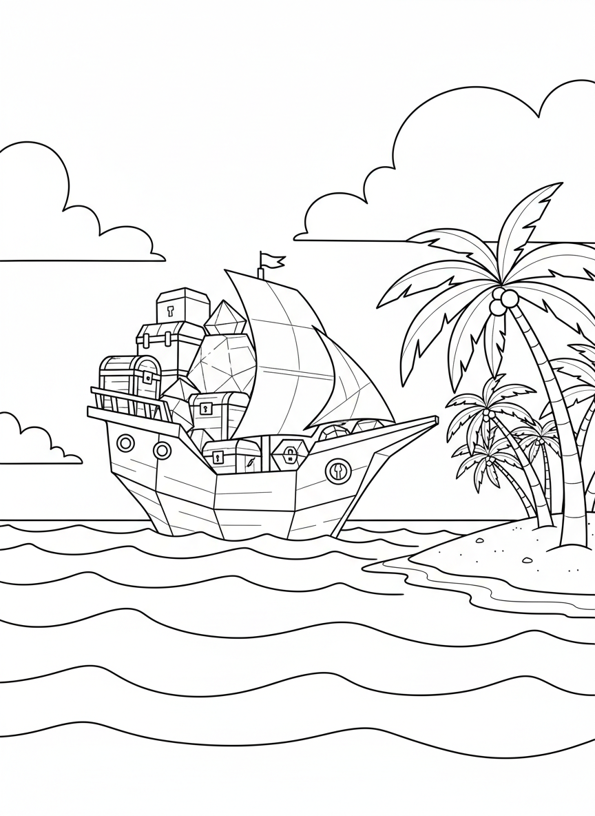 A paper-folded treasure ship loaded with geometric chest shapes, sailing toward a tropical island with palm trees and a beach.