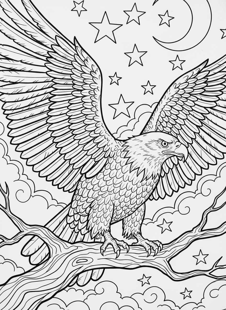 A bald eagle perched on a branch with spread wings, surrounded by stars, bold outlines for easy coloring.