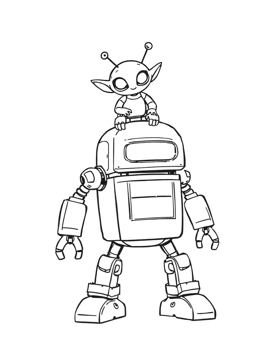 Robot Friend: A small, cute alien riding on the shoulders of a large, friendly, clunky-looking robot.