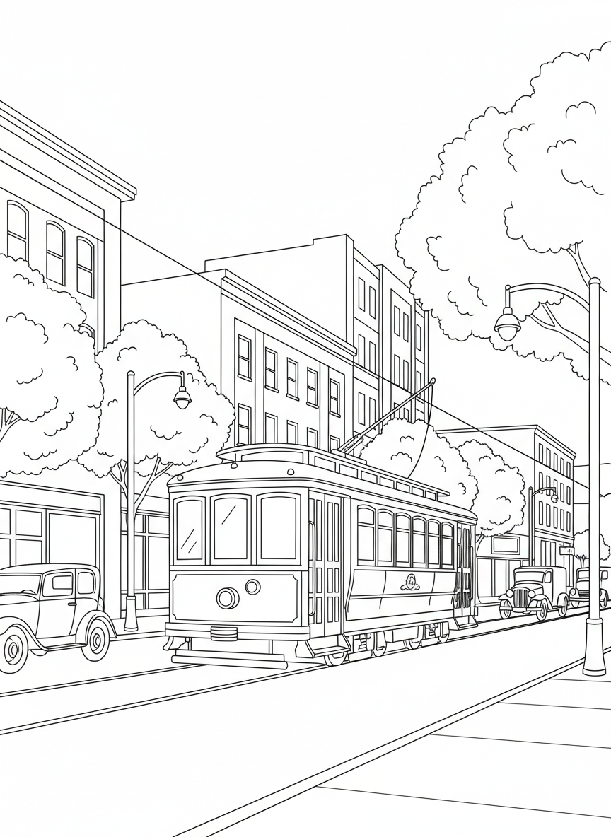 A vintage trolley car traveling through downtown Seattle streets with buildings and trees lining the road, nostalgic transportation theme.