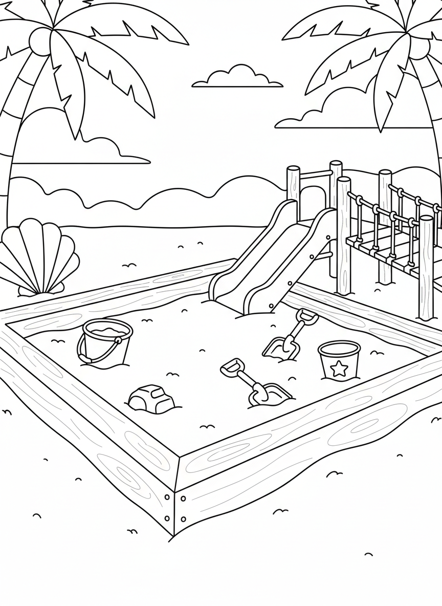A sandbox area with toy buckets and shovels, bordered by a wooden frame, beach-style play equipment