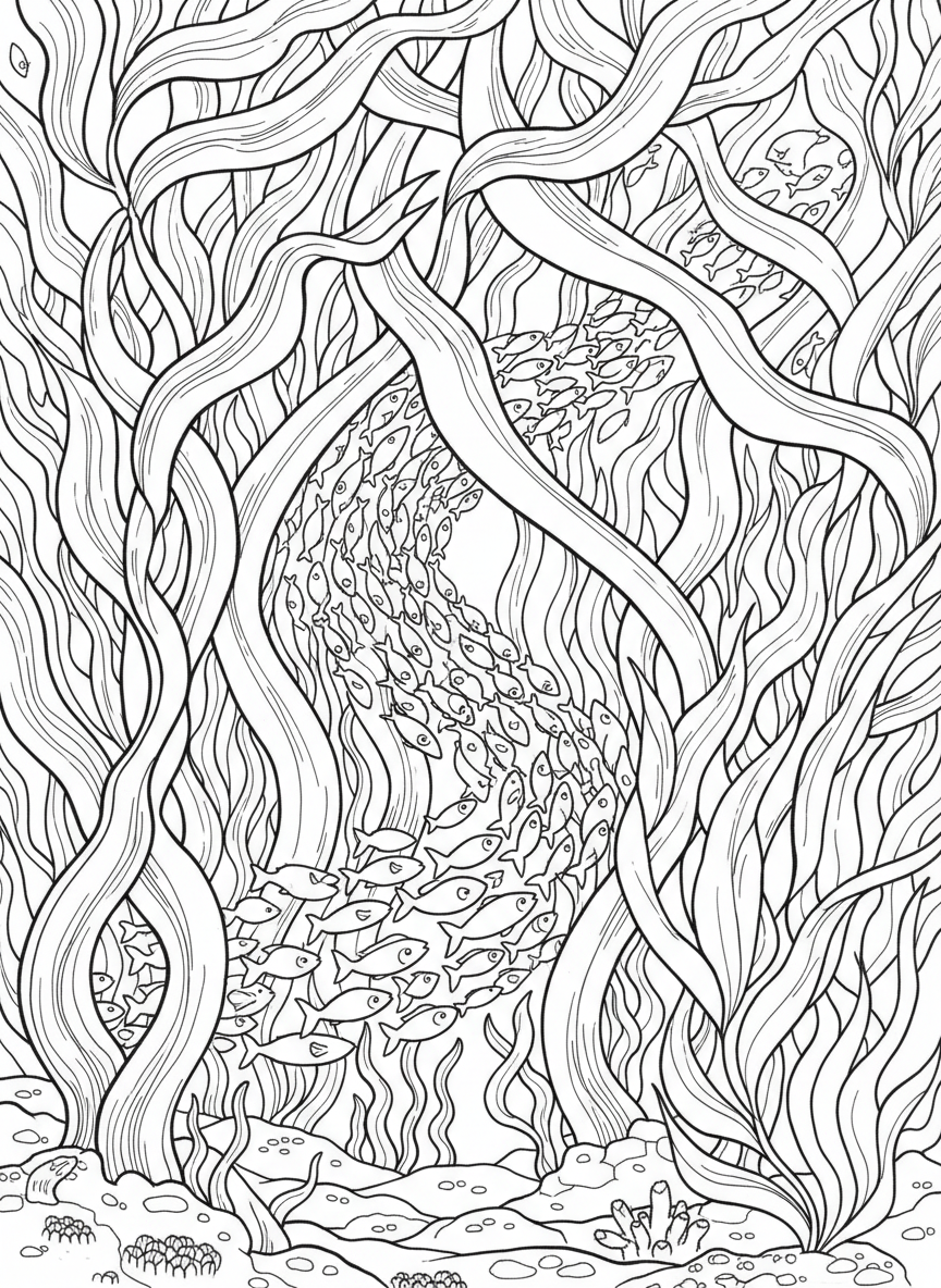School of small fish weaving through a dense kelp canopy, creating a maze-like pattern, moderate detail level