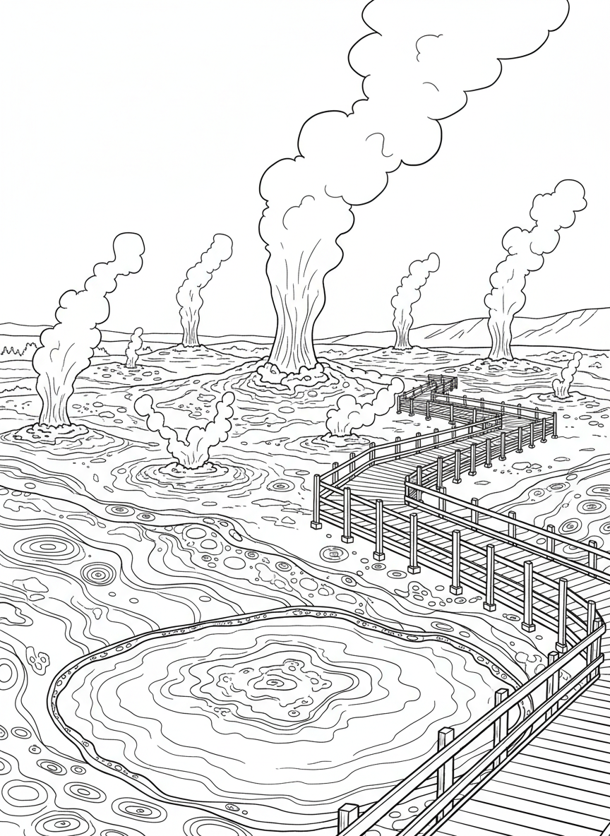 A field of geysers and fumaroles with multiple steam vents, colorful mineral deposits on the ground, and a wooden boardwalk path for safety.