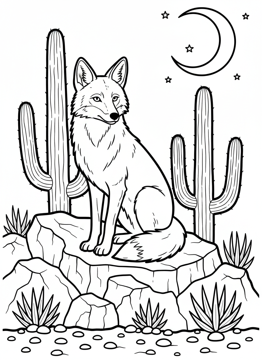 A coyote sitting on a desert rock with saguaro cacti behind it and a crescent moon in the sky