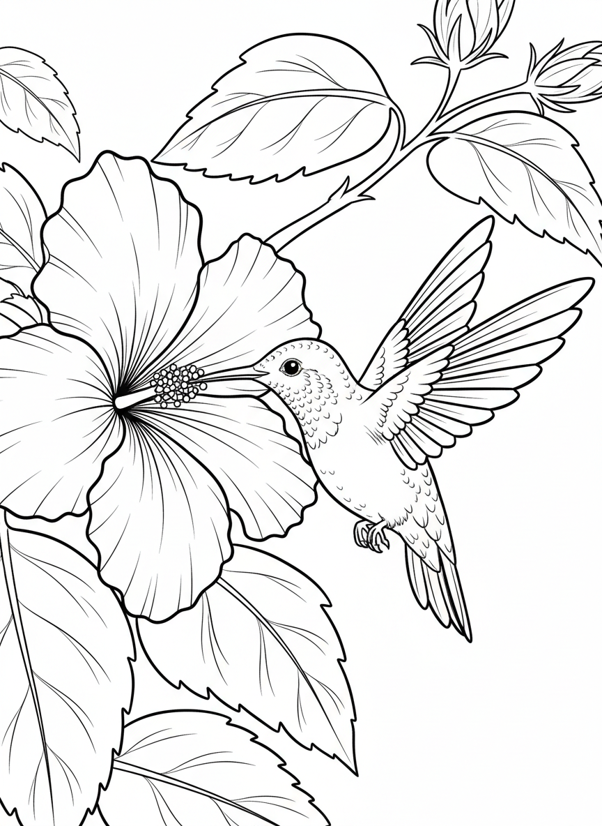 Close-up of a tiny hummingbird sipping nectar from a hibiscus flower, showing detailed wing feathers and the flower's large petals