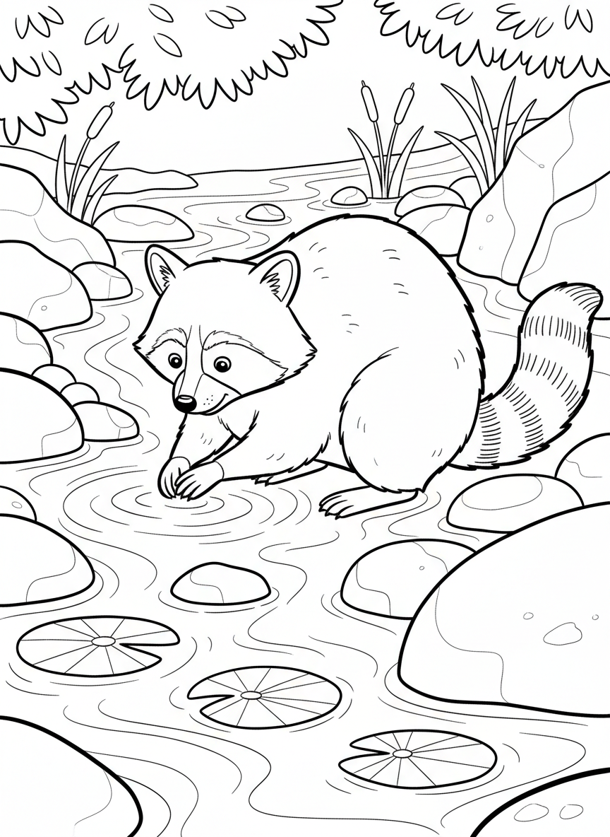 A playful raccoon washing its paws in a stream with rocks and lily pads, coloring page style