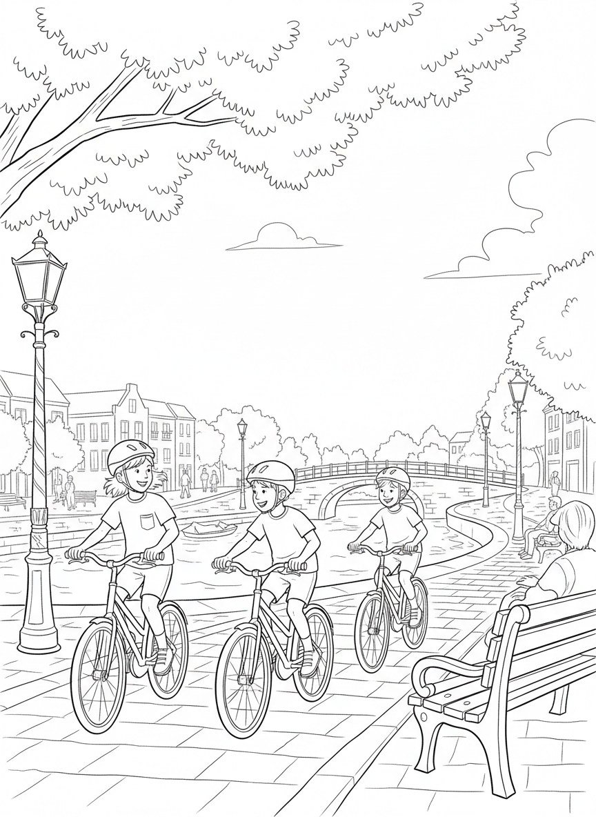 Children riding bikes along the Bricktown Canal with lampposts and benches, active outdoor scene with clear outlines.