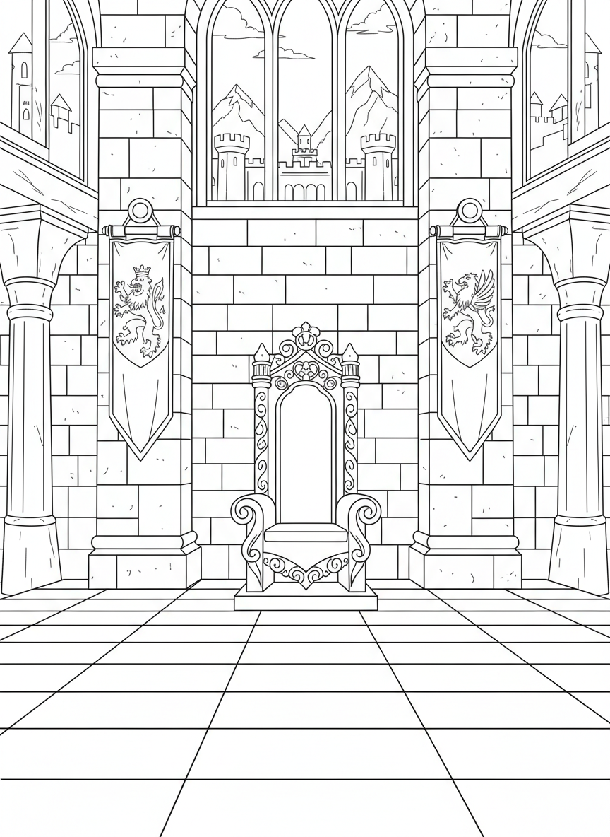 A detailed castle throne room with a grand chair, stone pillars, banners hanging from the walls, and a checkered floor.